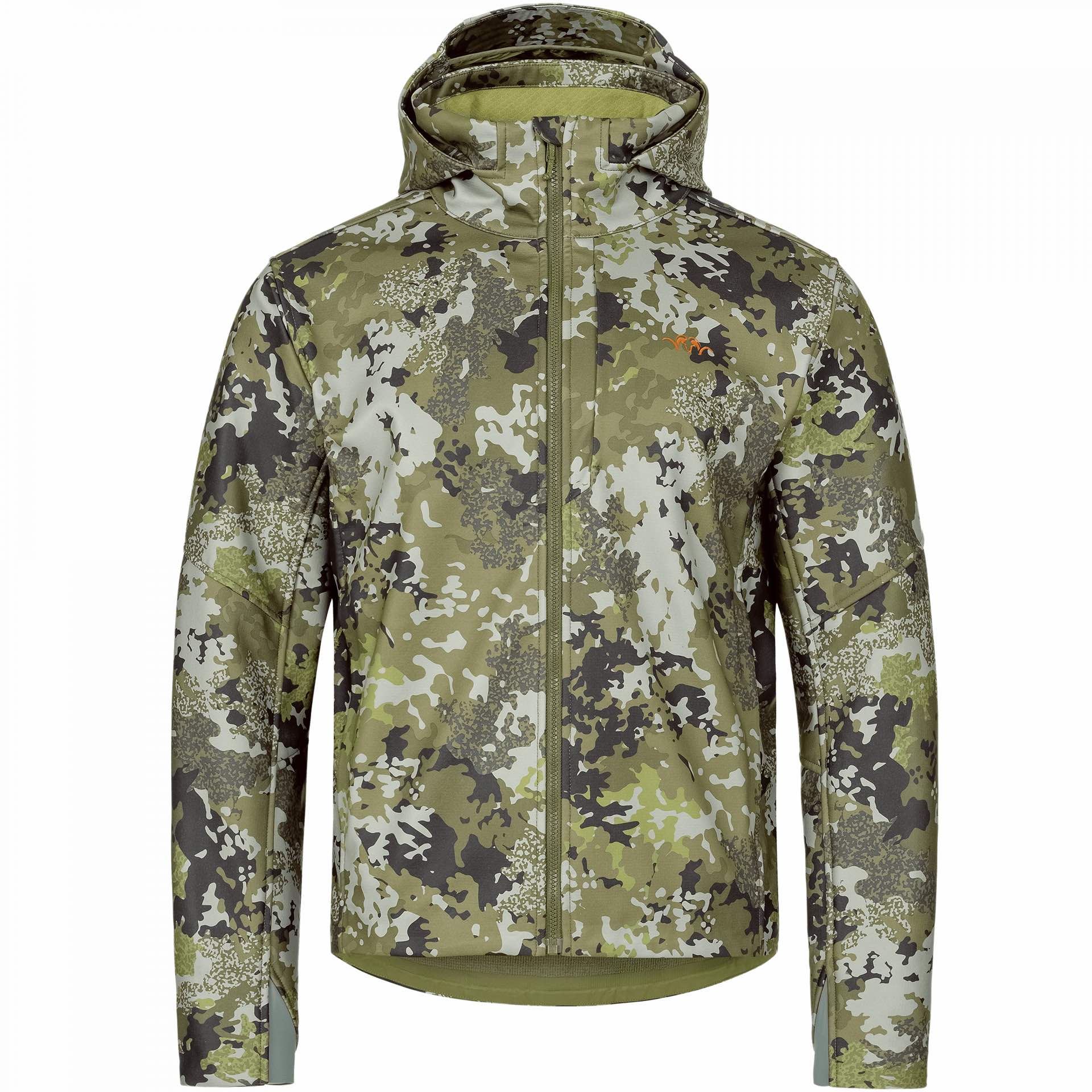 blaser-herren-softshelljacke-tranquility Die Blaser Softshelljacke Tranqilitiy in der Farbe HunTec mit Kapuze und Reißverschluss. Bild auf weißem Hintergrund.