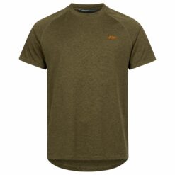 Das Blaser Herren Pech T-SHirt 23 in der Farbe Olive verfügt über ein Blaser-Logo in Orange auf der linken Brust. Feuchtigkeitsregulierend und schnelltrocknend. Bild auf weißem Hintergrund.