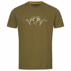 Das Blaser Herren T-Shirt Argali in der Farbe Olive mit Argali-Logo in Camodruck auf der Brust. Pflegeleicht und atmungsaktiv mit hohem Baumwollanteil. In 4 Farben erhältlich. Bild auf weißem Hintergrund.