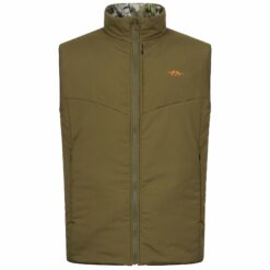 Die Blaser Herren Wendeweste Endeavor mit Wendemöglichkeit in Olive und HunTec Camo ist atmungsaktiv, wasser- und winddicht und extrem leicht. Bild auf weißem Hintergrund.