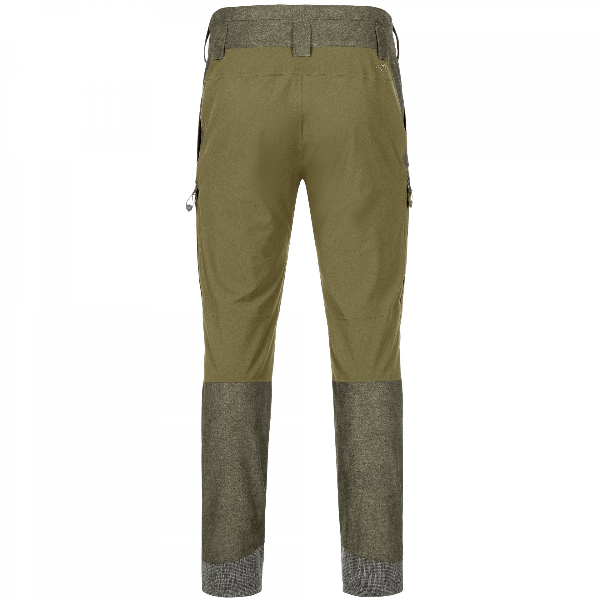 Die Blaser Herrenhose VINTAGE Are in der Farbe Olive Melange/Schwarz ist atmungsaktiv, wasser- und winddicht und geräuscharm. Strapazierfähige Full-Stretch-Elemente und Beinabschluss mit Kevlar verstärkt. Bild auf weißem Hintergrund. Viele Taschen und Seitliche Belüftungsschlitze.