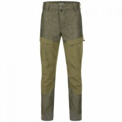 Die Blaser Herrenhose VINTAGE Are in der Farbe Olive Melange/Schwarz ist atmungsaktiv, wasser- und winddicht und geräuscharm. Strapazierfähige Full-Stretch-Elemente und Beinabschluss mit Kevlar verstärkt. Bild auf weißem Hintergrund. Viele Taschen und Seitliche Belüftungsschlitze.