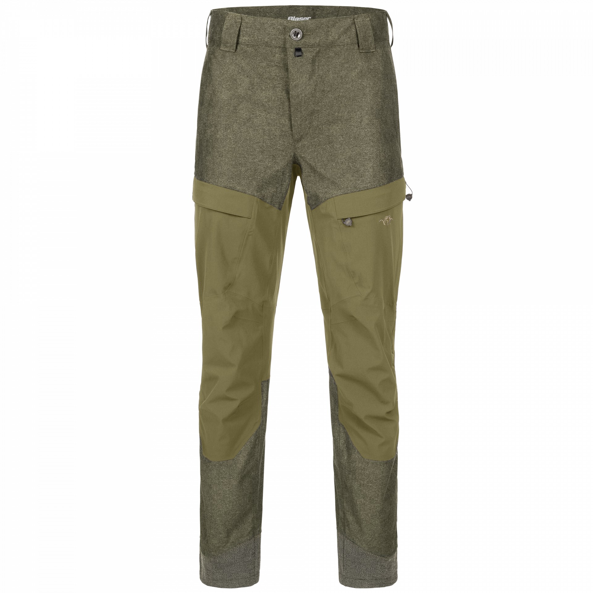 Die Blaser Herrenhose VINTAGE Are in der Farbe Olive Melange/Schwarz ist atmungsaktiv, wasser- und winddicht und geräuscharm. Strapazierfähige Full-Stretch-Elemente und Beinabschluss mit Kevlar verstärkt. Bild auf weißem Hintergrund. Viele Taschen und Seitliche Belüftungsschlitze.