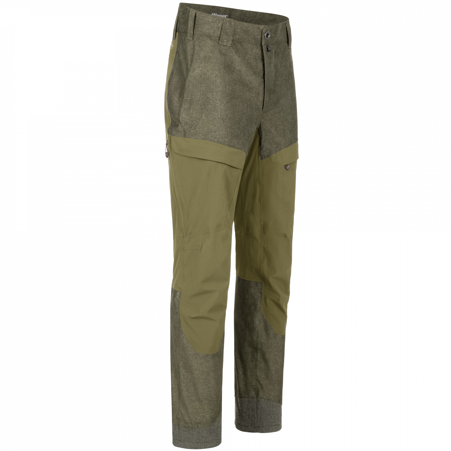 Die Blaser Herrenhose VINTAGE Are in der Farbe Olive Melange/Schwarz ist atmungsaktiv, wasser- und winddicht und geräuscharm. Strapazierfähige Full-Stretch-Elemente und Beinabschluss mit Kevlar verstärkt. Bild auf weißem Hintergrund. Viele Taschen und Seitliche Belüftungsschlitze.