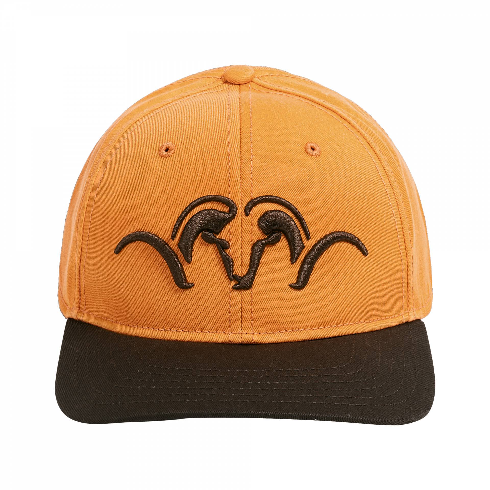 Die Blaser Striker Kappe S/M in Orange mit Logo-Stickerei auf der Vorderseite und Schirm in Dunkelbraun ist aus reiner Baumwolle gefertigt. Bild auf weißem Hintergrund.
