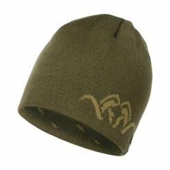 Der Blaser Wende Beanie Argali ist aus dehnbarem Strick gefertigt und hat auf einer Seite Argali-Logo, auf der anderen Seite gestricheltes Tarnmuster. In Orange und Olive erhältlich. Bild auf weißem Hintergrund.