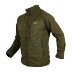 Die Hart Herren Hybridjacke Verdon in Grün besteht aus zwei Materialbereichen und ist winddicht, feuchtigkeitsregulierend, atmungsaktiv und wärmeisolierend. 3 Reißverschlüsse, hoher Kragen. Bild auf weißem Hintergrund.