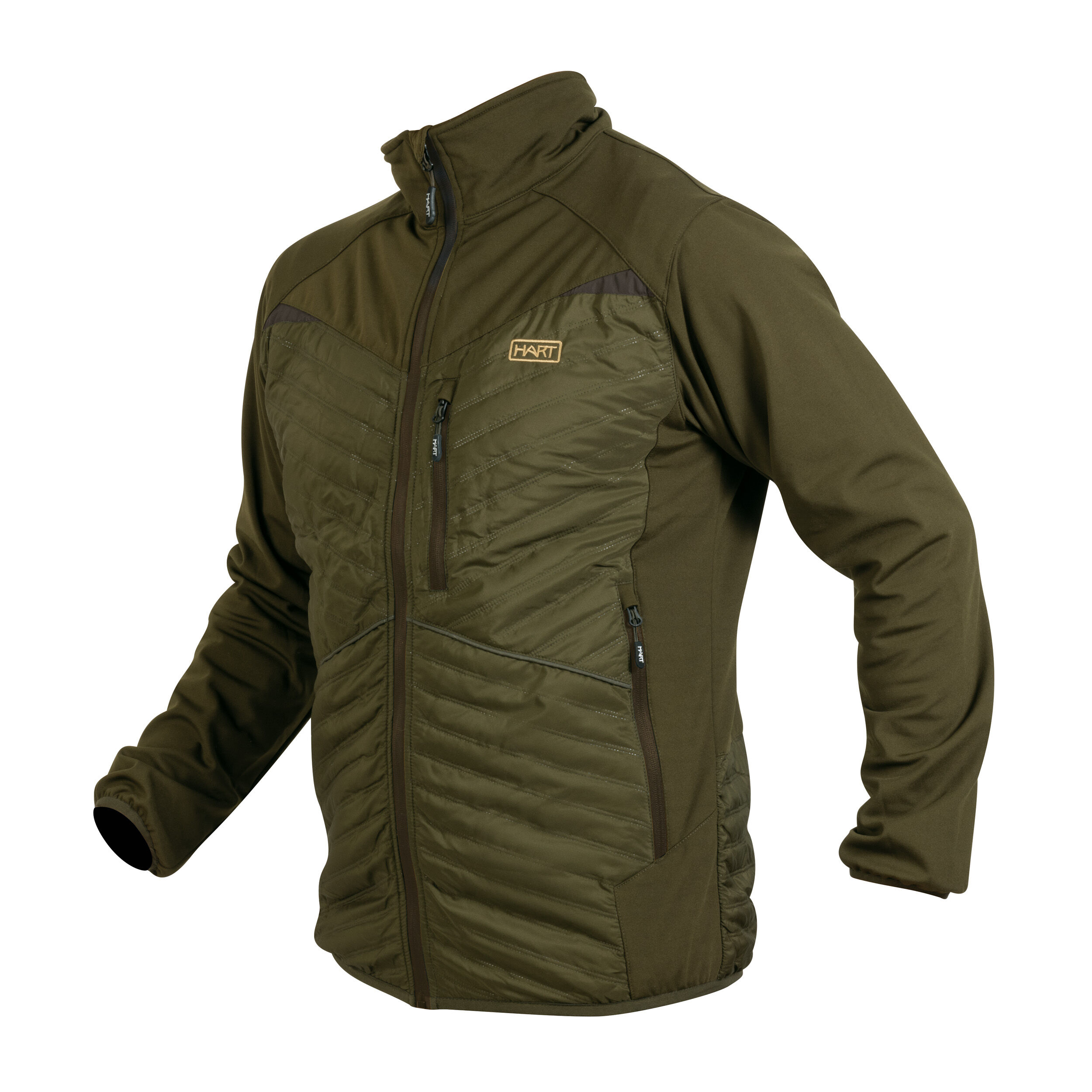 Die Hart Herren Hybridjacke Verdon in Grün besteht aus zwei Materialbereichen und ist winddicht, feuchtigkeitsregulierend, atmungsaktiv und wärmeisolierend. 3 Reißverschlüsse, hoher Kragen. Bild auf weißem Hintergrund.