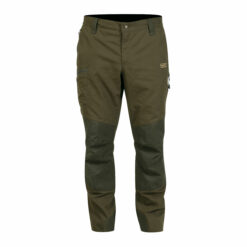 Die Hart Herren Jagdhose Eifel-T in Grün mit Stretcheinsätzen, vorgeformten Knien und Gürtelschlaufen ist robust und dornenabweisend. Lüftungstaschen an den Seiten. Bild auf weißem Hintergrund.