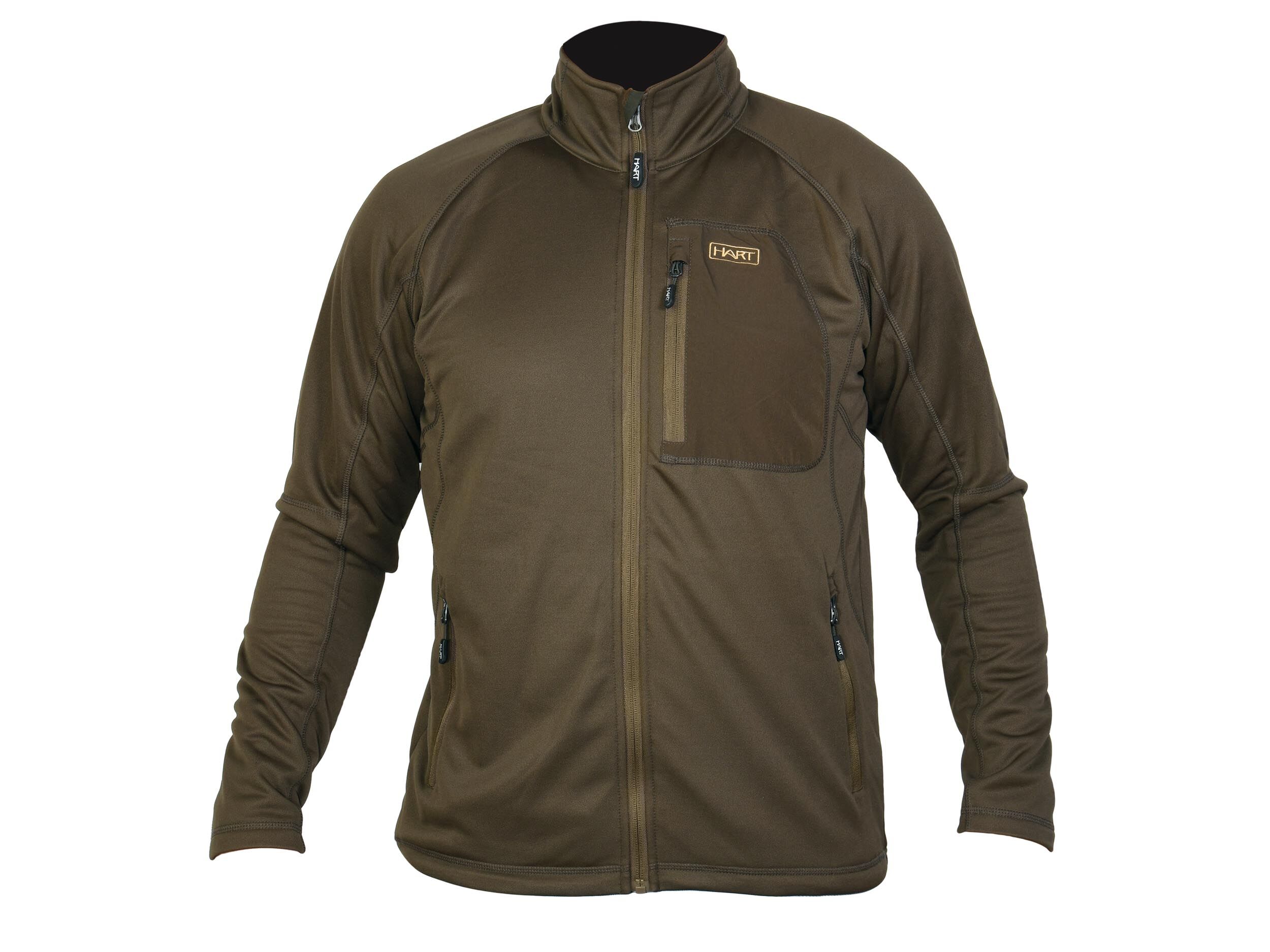 Die Hart Herren Powershelljacke Moritz-PS in Grün mit hohem Kragen und Fleete-Innenfutter ist wärmeisolierend, geräuscharm und leise. 3 Taschen. Bild auf weißem Hintergrund.