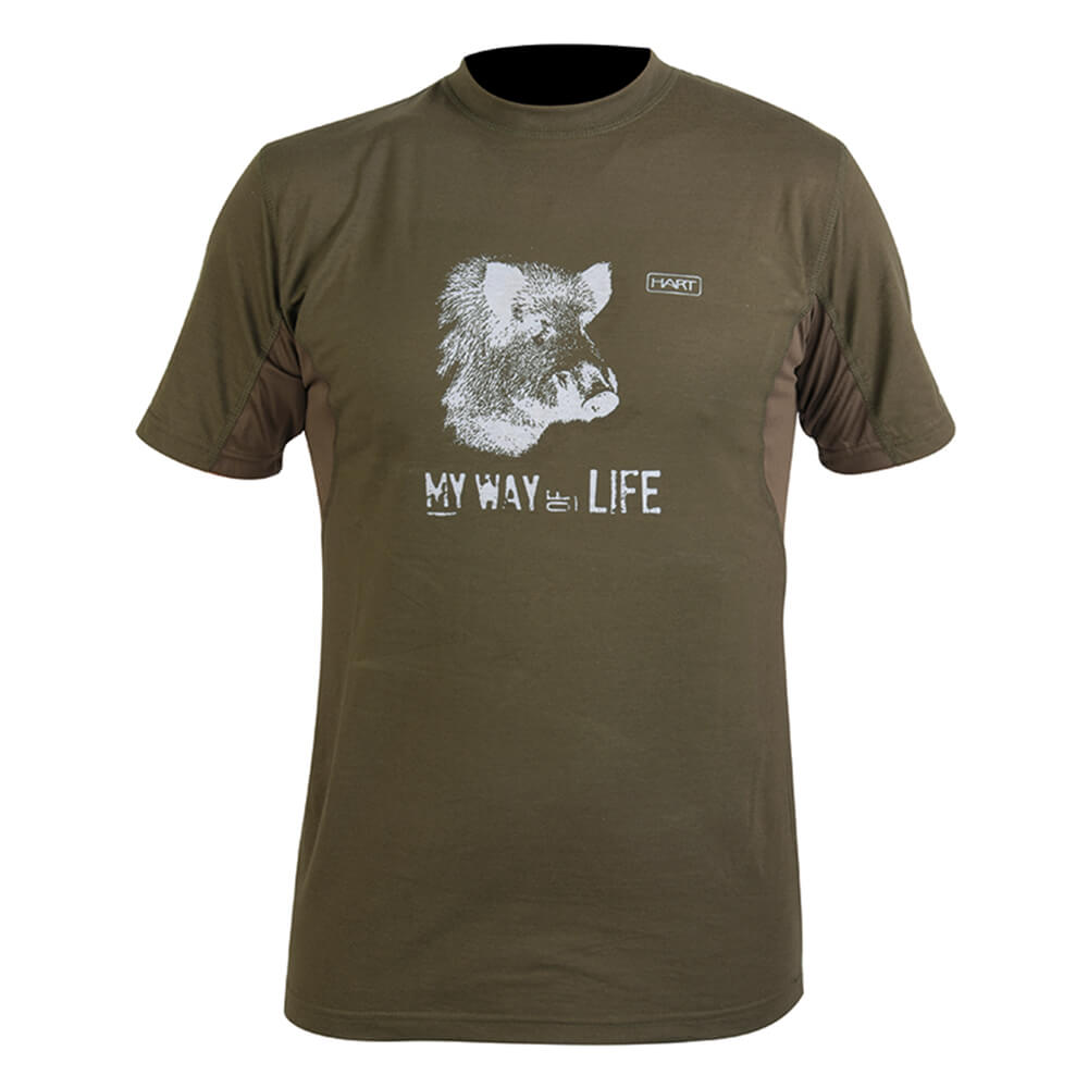 Das Hart Herren T-Shirt Branded Basurde in Grün mit weißem Wildschwein-Print auf der Brust und Mesh-Einsätzen im Achselbereich für Belüftung. Bild auf weißem Hintergrund.