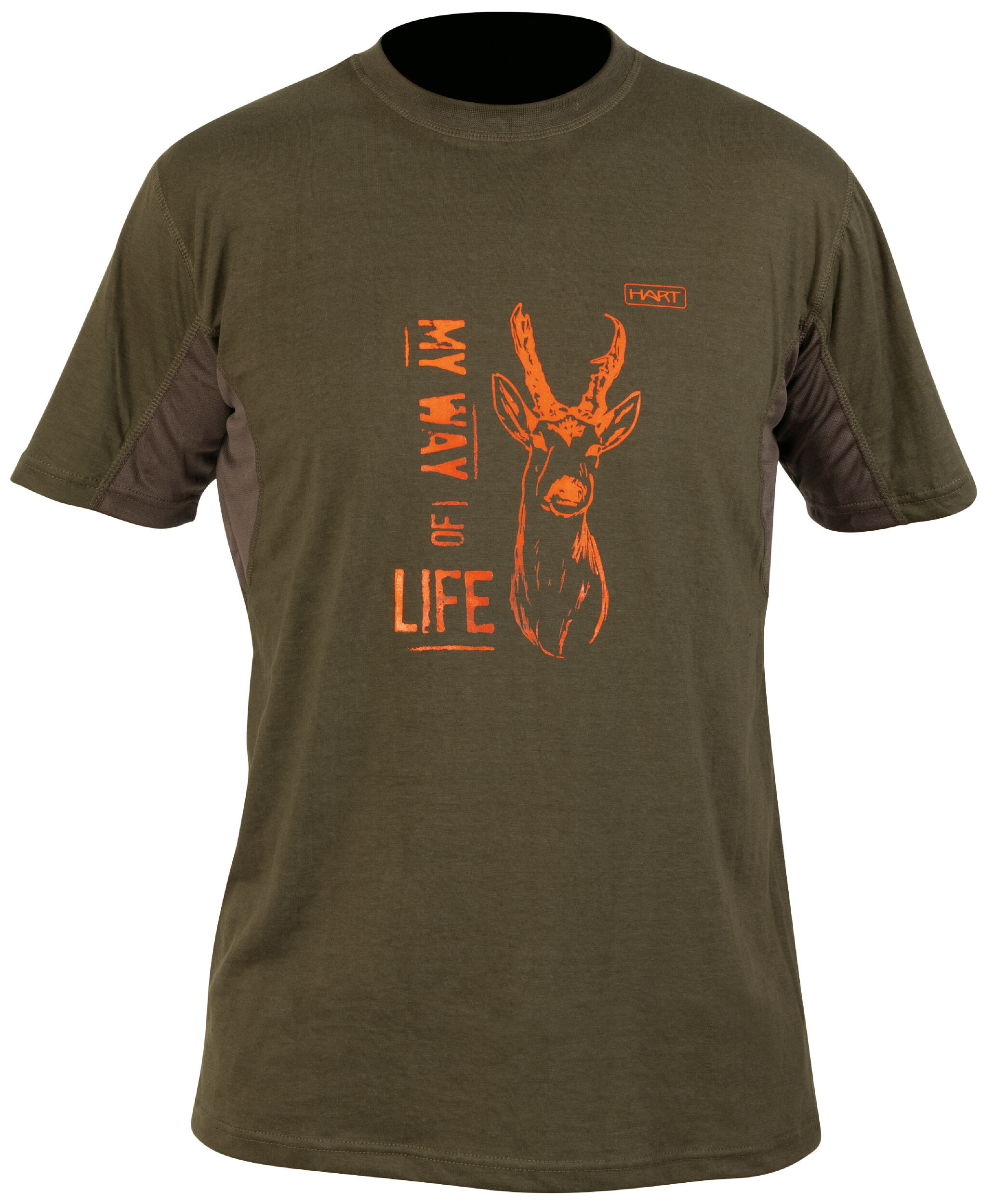 Das Hart Herren T-Shirt Branded Roe Deer in Grün mit Rehbock-Print in Orange auf der Brust und Mesh-Einsätzen im Achselbereich für Belüftung. Bild auf weißem Hintergrund.