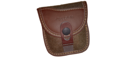 Das Niggeloh Patronenetui Classic Loden ist aus Loden und Leder gefertigt in Braun. Gürtelschlaufe hinten.Bild auf weißem Hintergrund.