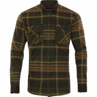 haerkila-herrenhemd-pajala Das Härkila Herrenhemd Pajala in Green/Brown Karomuster mit 2 Brusttaschen und Raulederimitat-Verstärkung an Kragen, Ellbogen, Manschetten.Button-Under-Kragen. Bild auf weißem Hintergrund.