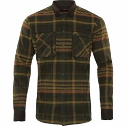 Das Härkila Herrenhemd Pajala in Green/Brown Karomuster mit 2 Brusttaschen und Raulederimitat-Verstärkung an Kragen, Ellbogen, Manschetten.Button-Under-Kragen. Bild auf weißem Hintergrund.
