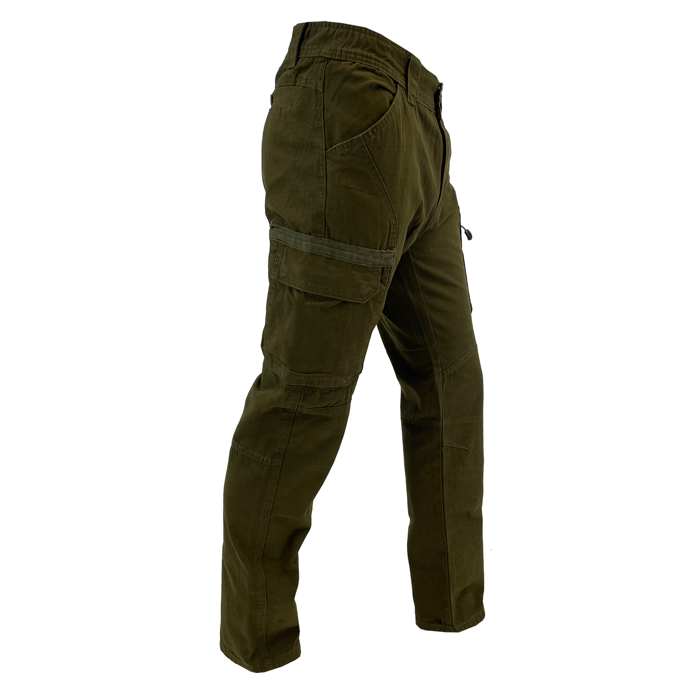 rensing-herren-outdoorhose Die Rensing Herren Outdoorhose in Oliv besteht aus kräftigem Canvas und hat 2 Einschubtaschen, 2 verschließbare Beintaschen und 2 verschließbare Gesäßtaschen. Bild auf weißem Hintergrund.