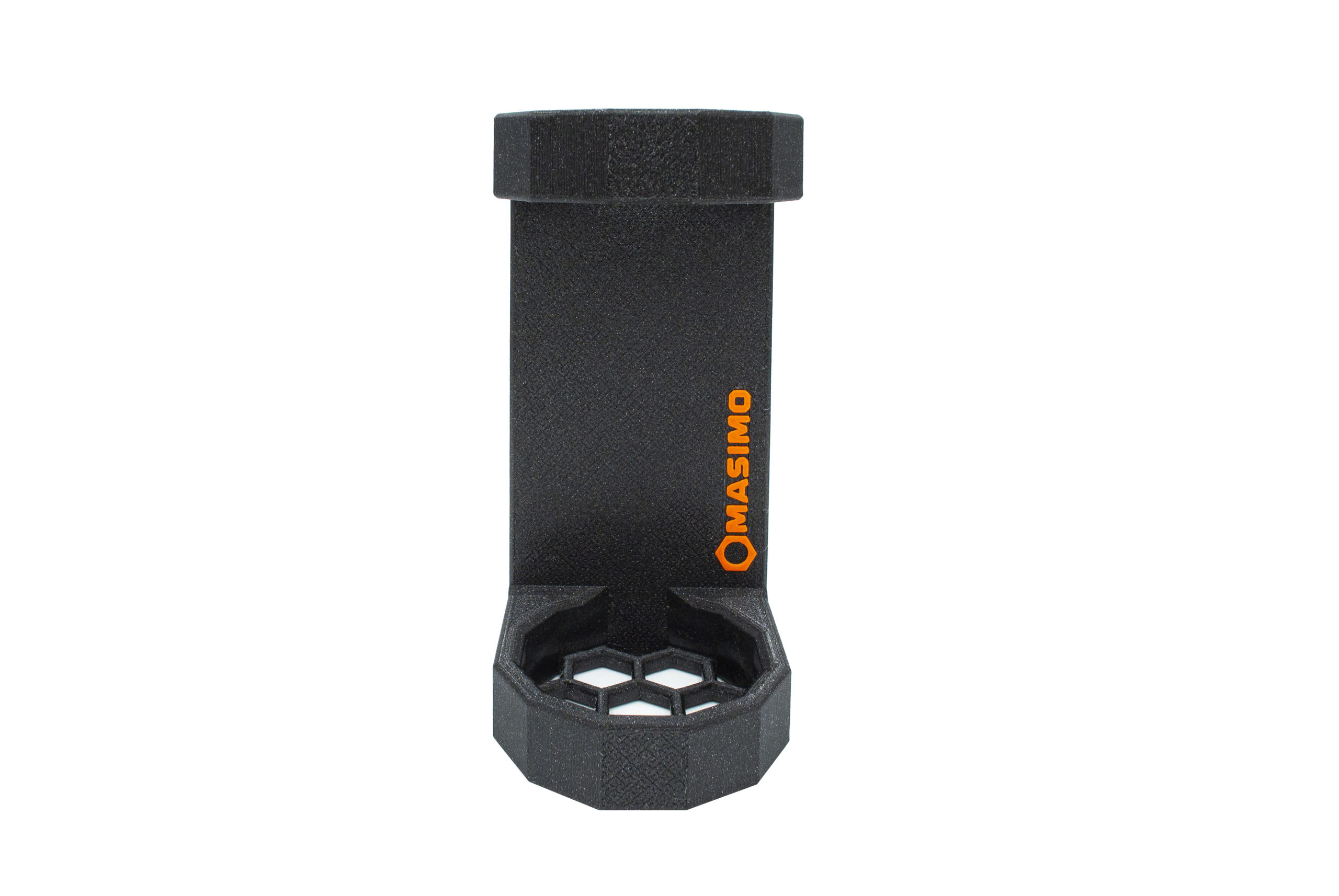 Der Masimo Schalldämpfer magnetisch in schwarz mit Logo in orange. Bild auf weißem Hintergrund.