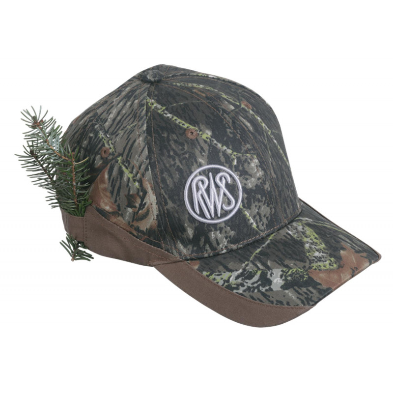 rws-unisex-cap-camouflage Die RWS Unisex Cap Camouflage mit Tarnmuster und braunen Akzenten hat 6 Luftlöchter. Logo vorne und Schriftzug hinten, verstellbar mit Klettverschluss.Bild auf weißem Hintergrund.