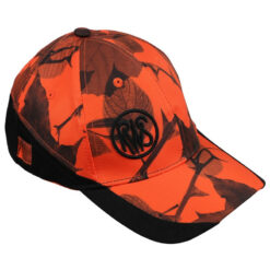 Die RWS Unisex Cap Orange Camo/Schwarz mit Tarnmuster und schwarzen Akzenten hat 6 Luftlöchter. Logo vorne und Schriftzug hinten, verstellbar mit Klettverschluss.Bild auf weißem Hintergrund.